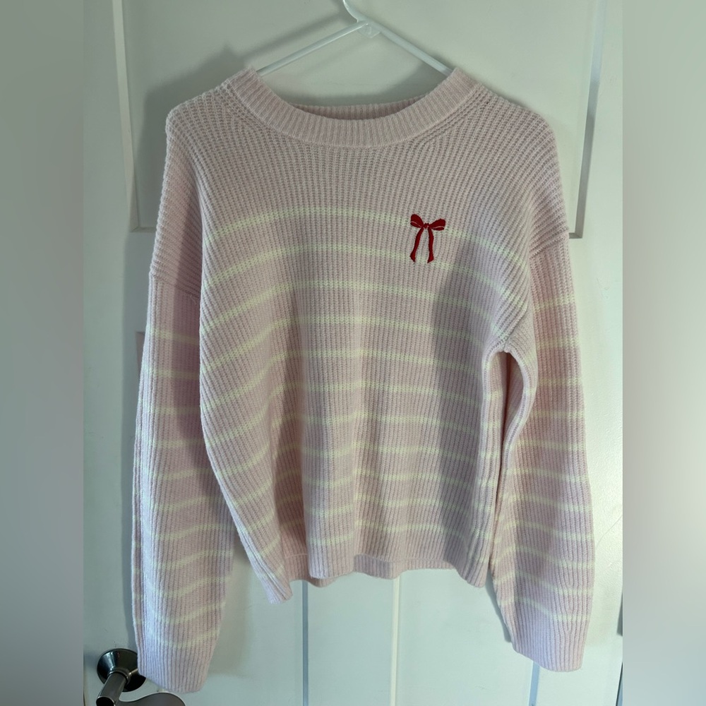 Pink Striped Sweater with Red Bow Accent - A New Day size small
